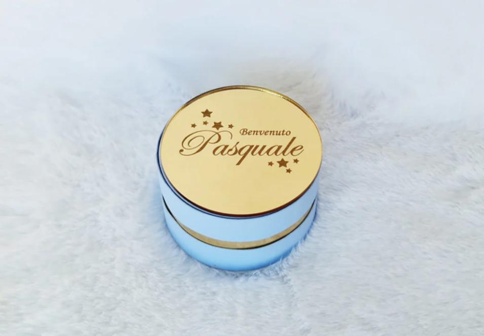 Scatolina Tonda Azzurra con Placca Personalizzata